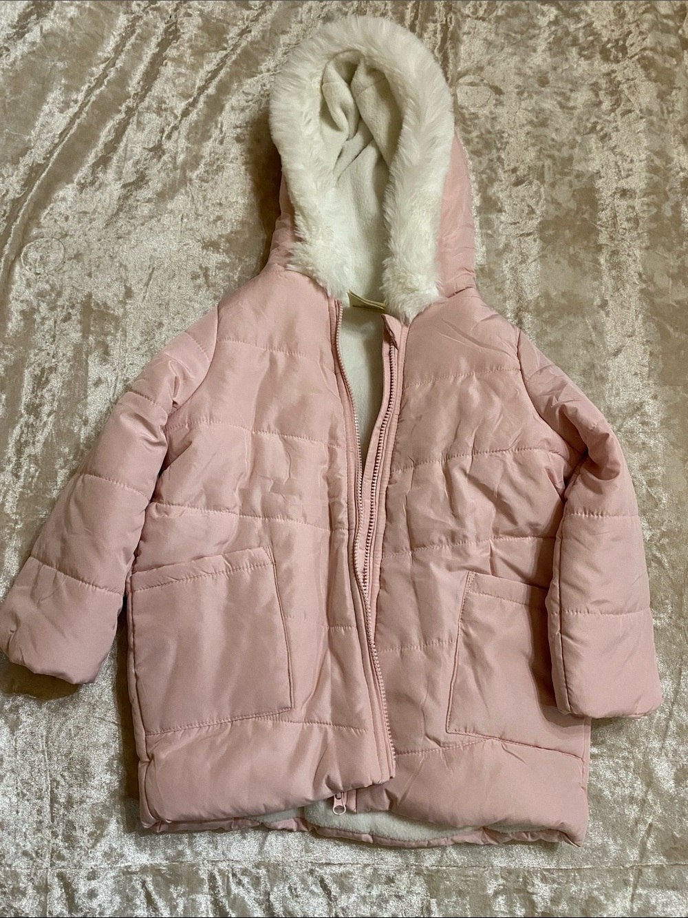 First Impressions Light Pink Hooded Puffer with Faux-Fur Trim